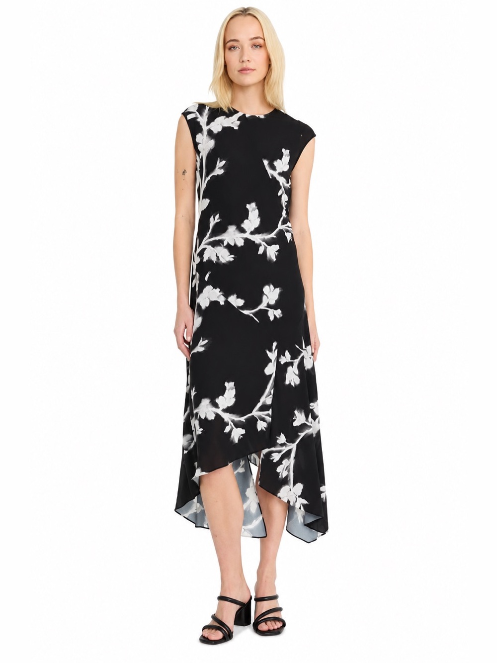 NWT LUXELY FLORAL PRINT SLEEVELESS DROP WAIST CHIFFON GEORGETTE HI-LO Dress S